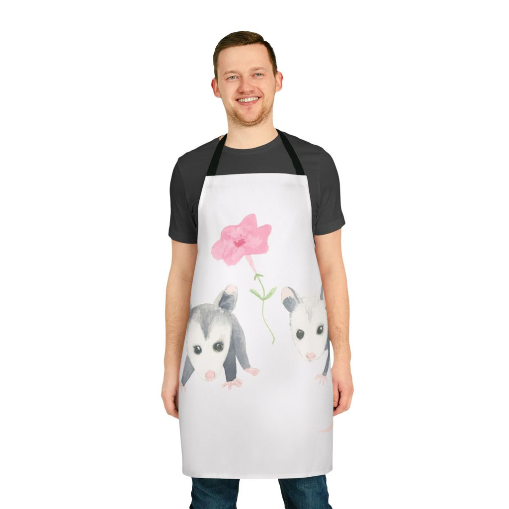 Vibrant floral apron featuring a cute baby opossum surrounded by pink petunia flowers