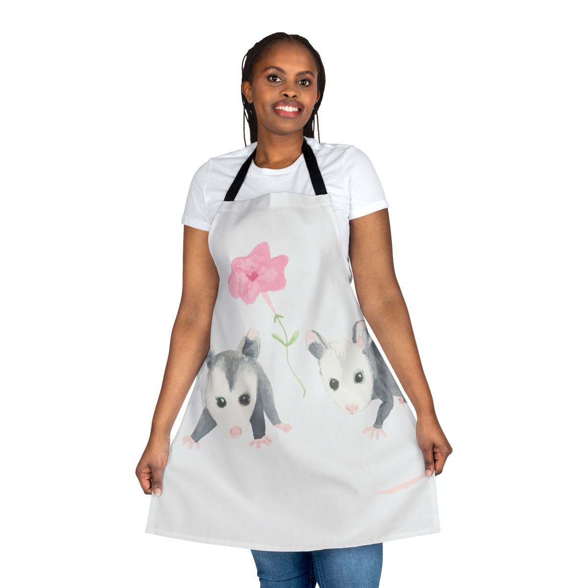 Vibrant floral apron featuring a cute baby opossum surrounded by pink petunia flowers