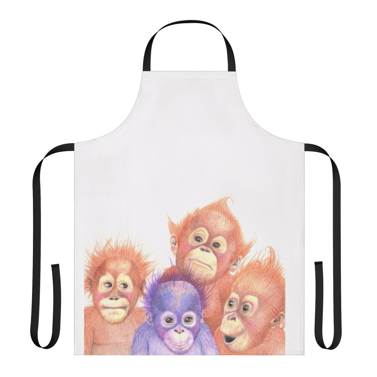 Cute baby orangutans in orange and purple colors on an apron