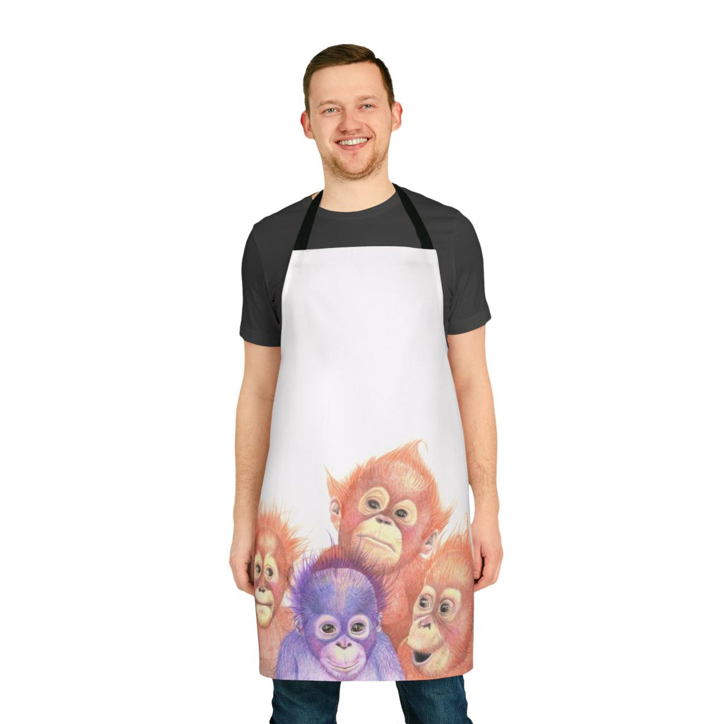 Cute baby orangutans in orange and purple colors on an apron