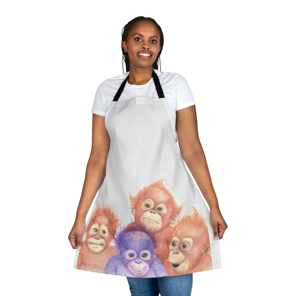 Cute baby orangutans in orange and purple colors on an apron
