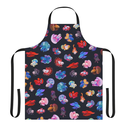 Illustration of a cute betta fish on a white apron with a floral or underwater design