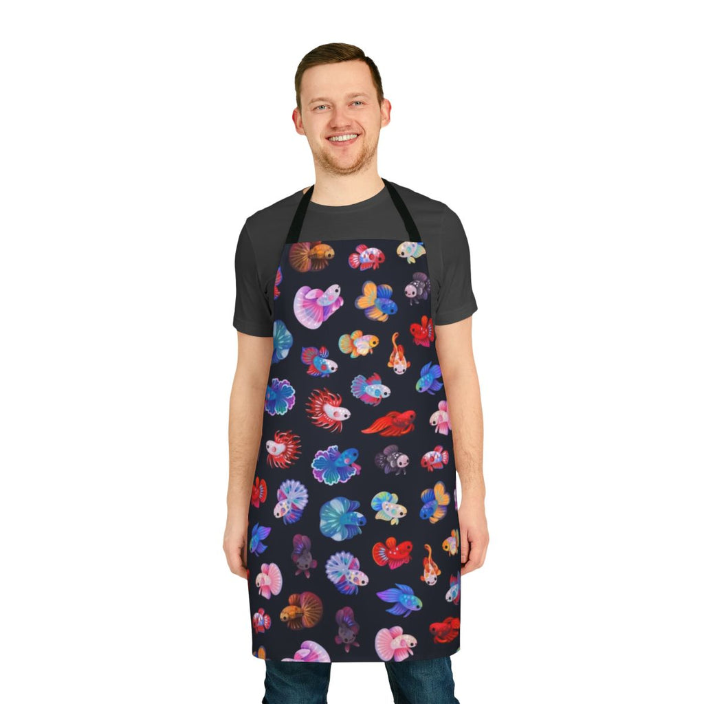 Illustration of a cute betta fish on a white apron with a floral or underwater design