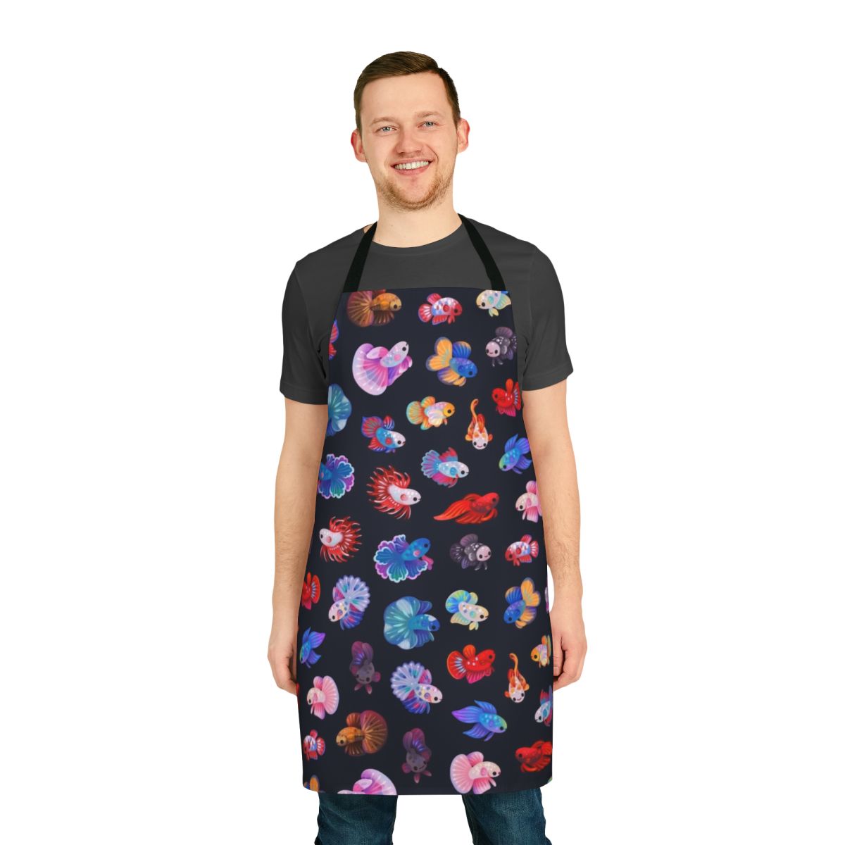 Illustration of a cute betta fish on a white apron with a floral or underwater design