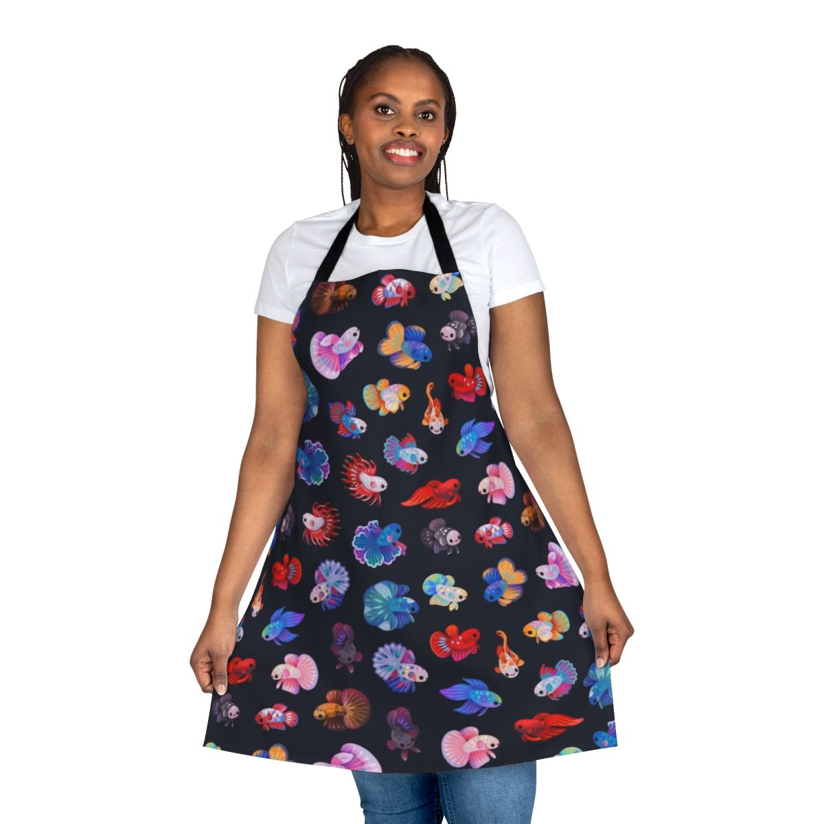 Illustration of a cute betta fish on a white apron with a floral or underwater design