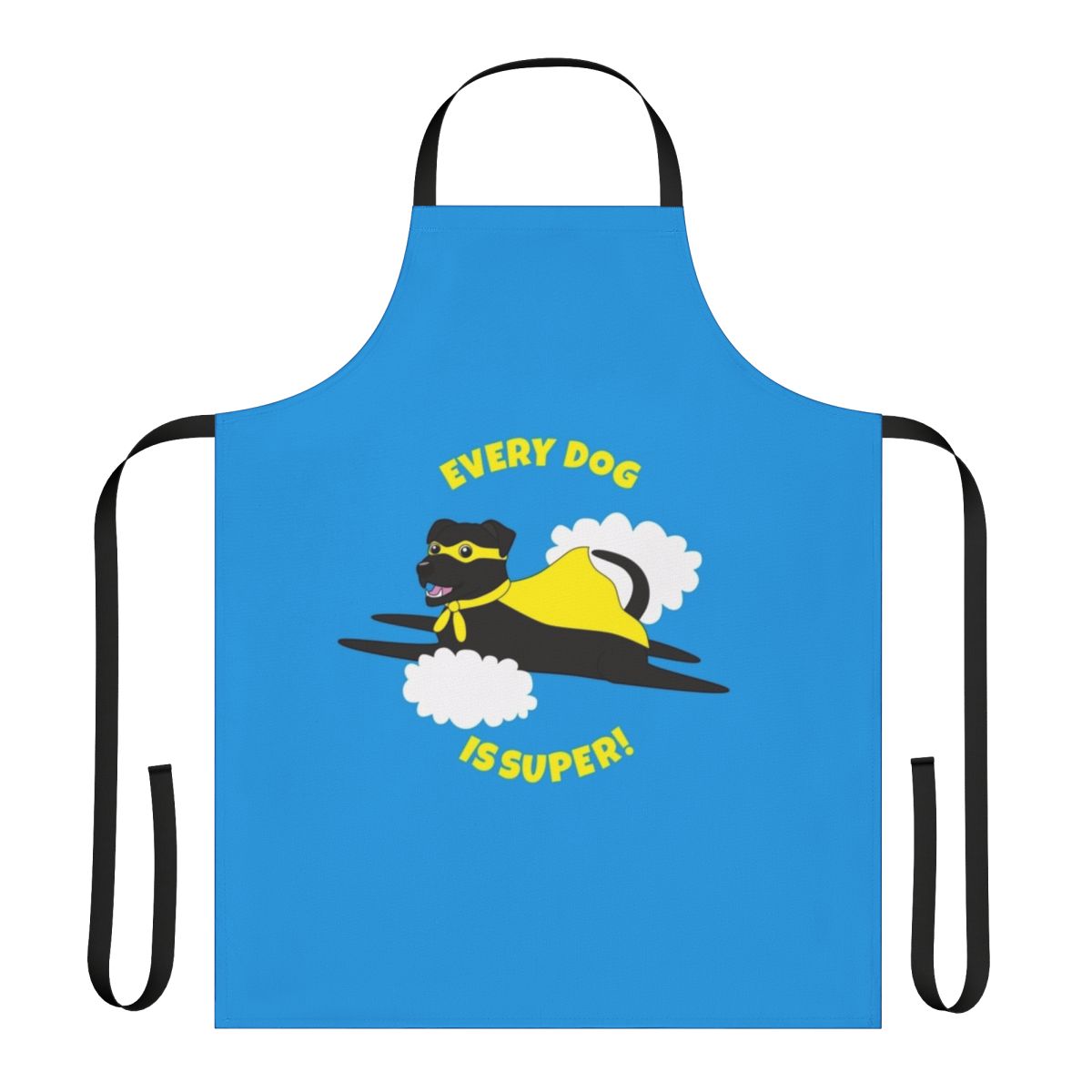 A black dog wearing a superhero costume and cape on an apron