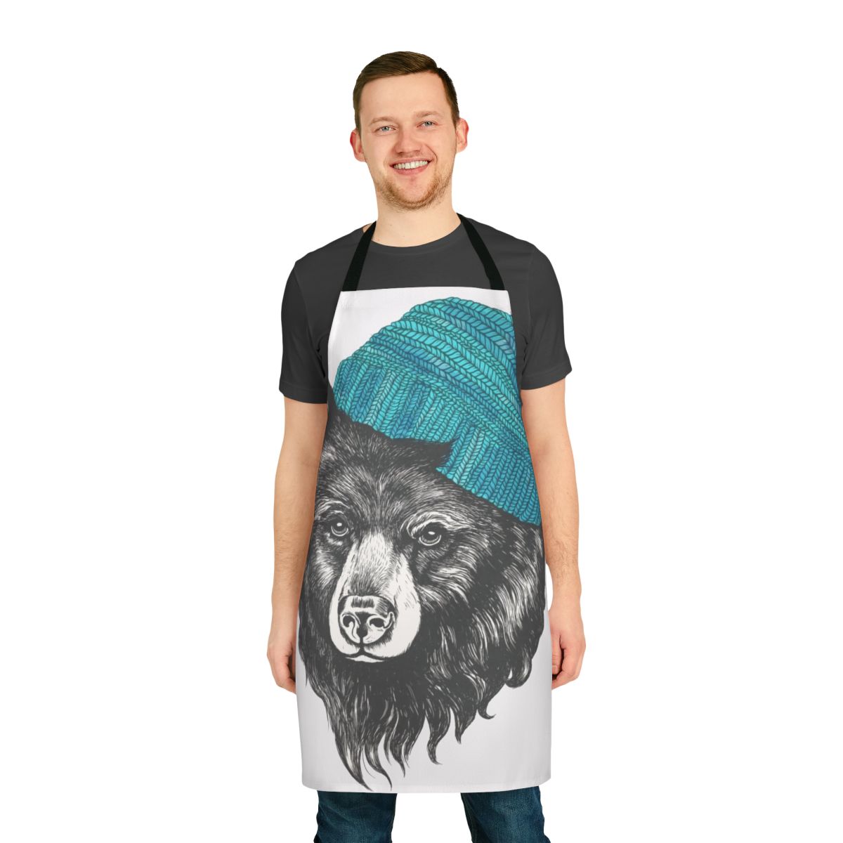 Soft blue apron with a playful bear design