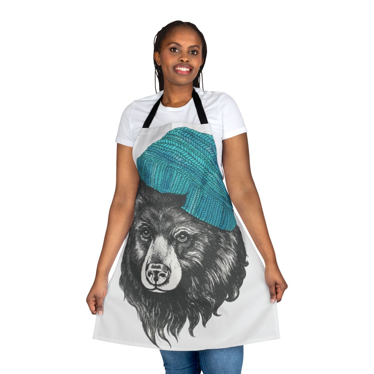 Soft blue apron with a playful bear design