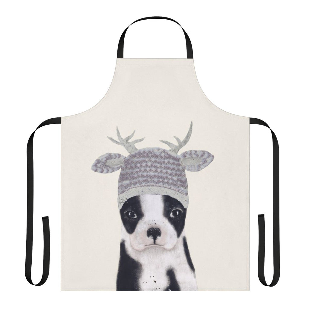 Charming apron featuring a watercolor illustration of a cute boston terrier puppy