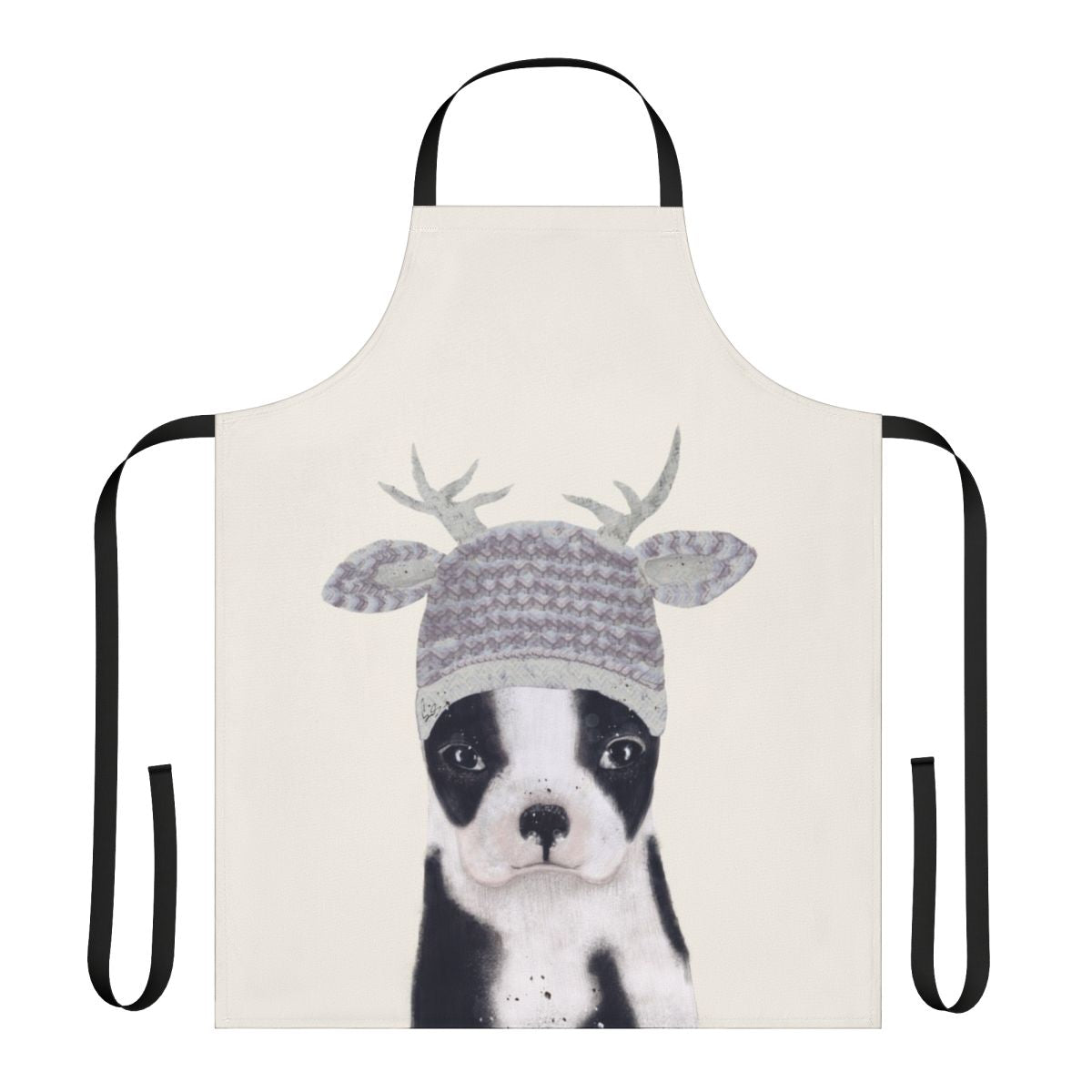 Charming apron featuring a watercolor illustration of a cute boston terrier puppy