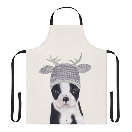 Charming apron featuring a watercolor illustration of a cute boston terrier puppy