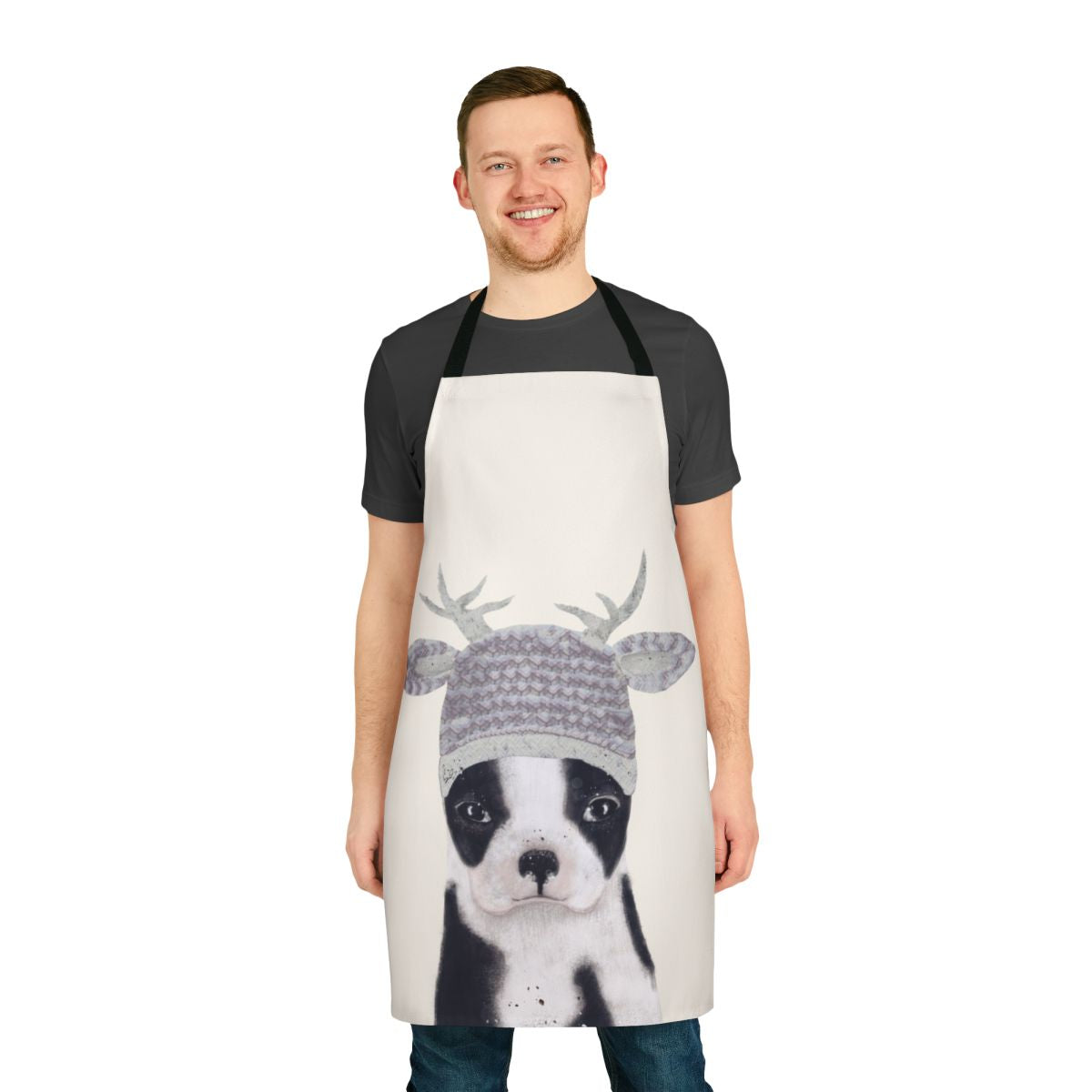Charming apron featuring a watercolor illustration of a cute boston terrier puppy
