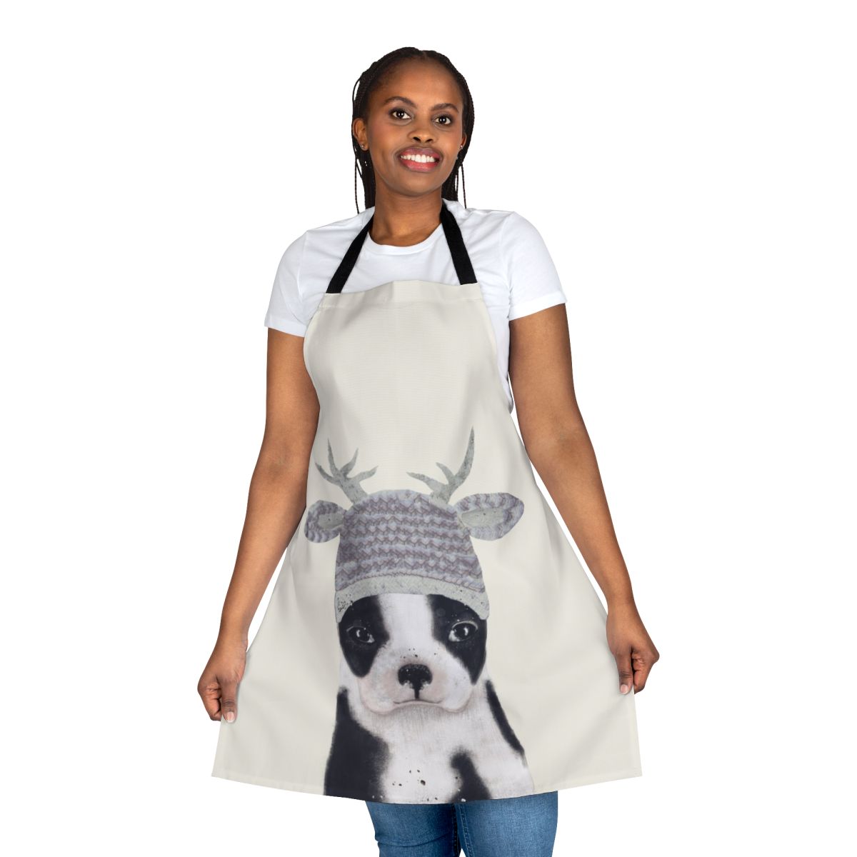 Charming apron featuring a watercolor illustration of a cute boston terrier puppy