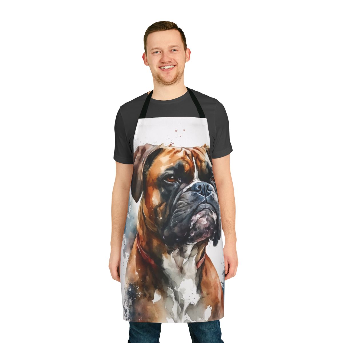 A stylish apron featuring a cute boxer dog design, perfect for dog owners and animal lovers.