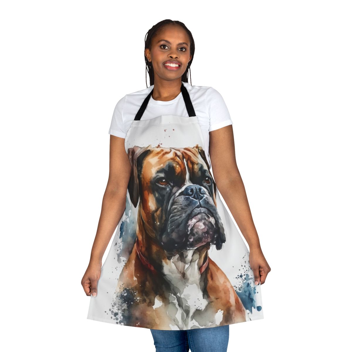 A stylish apron featuring a cute boxer dog design, perfect for dog owners and animal lovers.