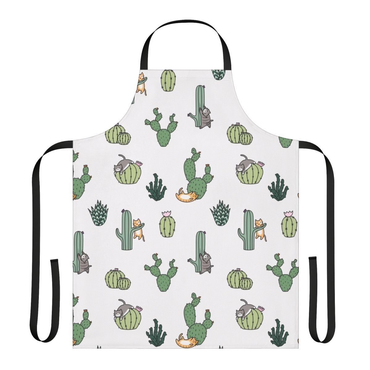 Apron featuring a repeating pattern of cute cactus cats.