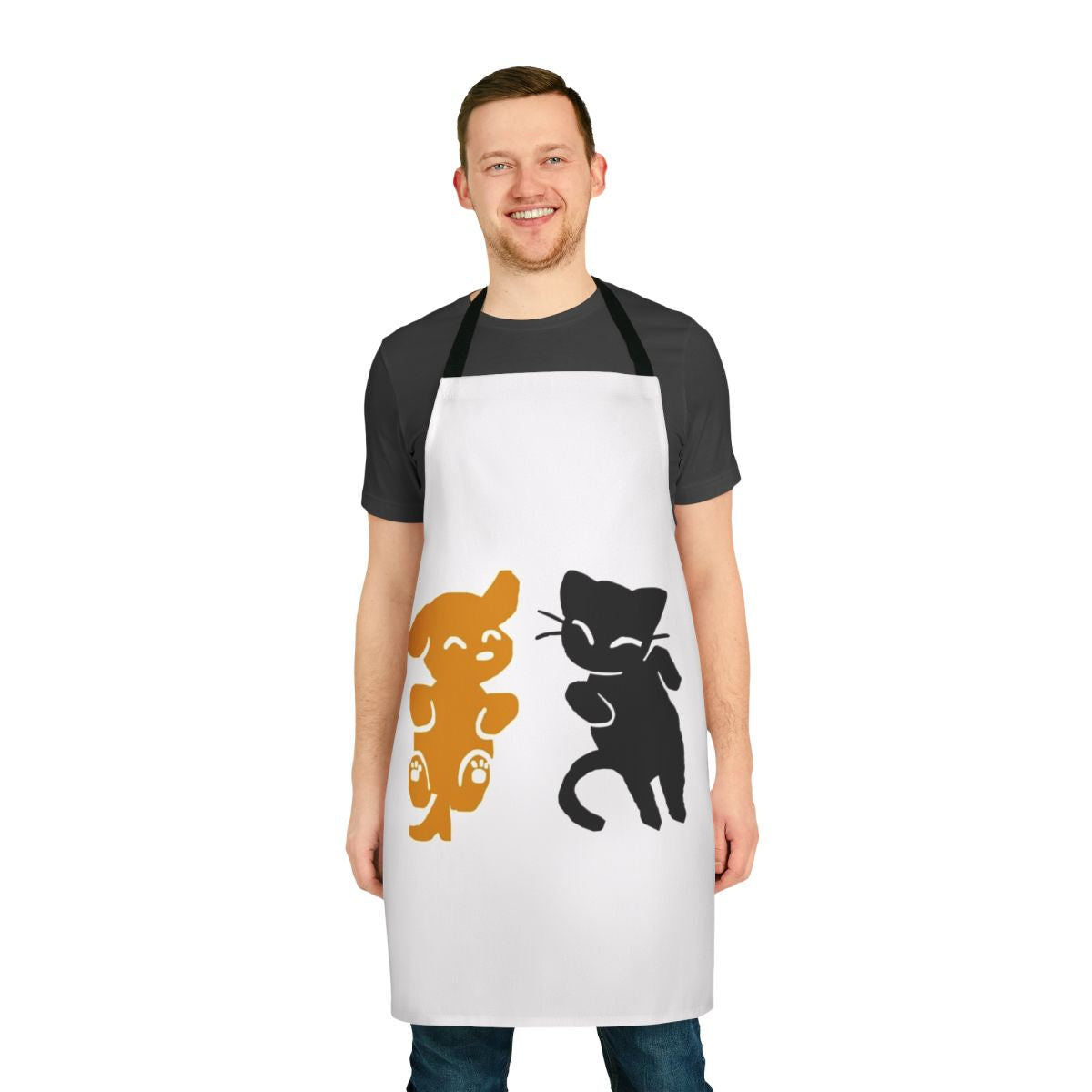 A stylish and practical kitchen apron featuring a playful cat and dog design.