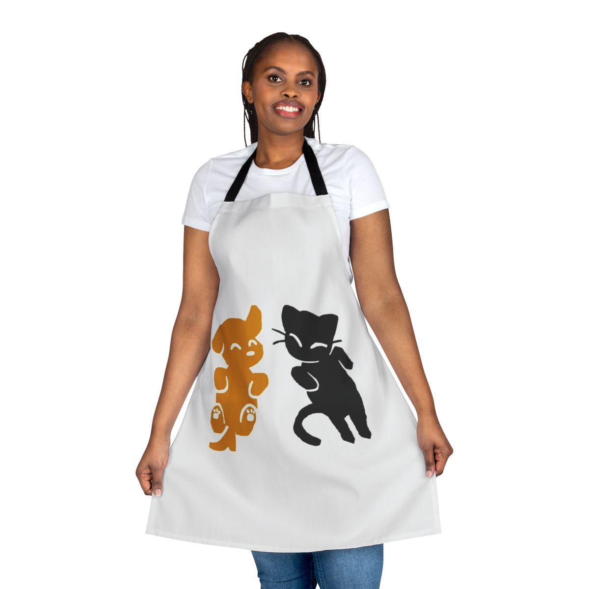 A stylish and practical kitchen apron featuring a playful cat and dog design.