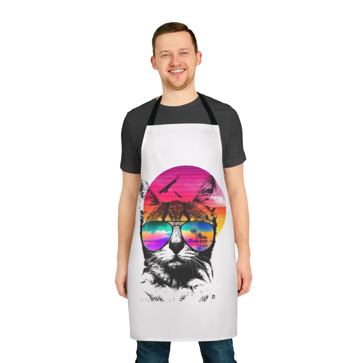 Colorful and whimsical cat apron perfect for summer cooking and baking