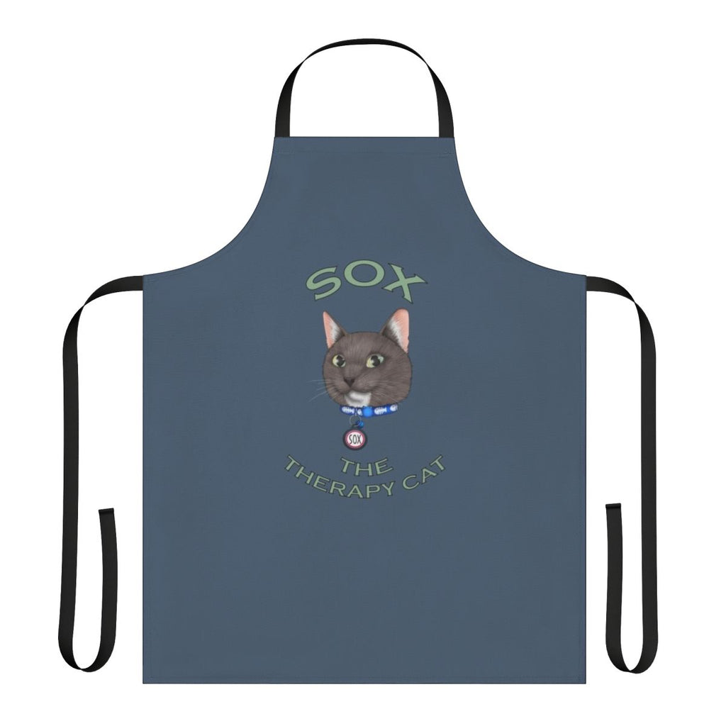 Illustration of a cute, cartoon-style cat wearing a therapy cat vest on a black apron