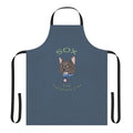 Illustration of a cute, cartoon-style cat wearing a therapy cat vest on a black apron