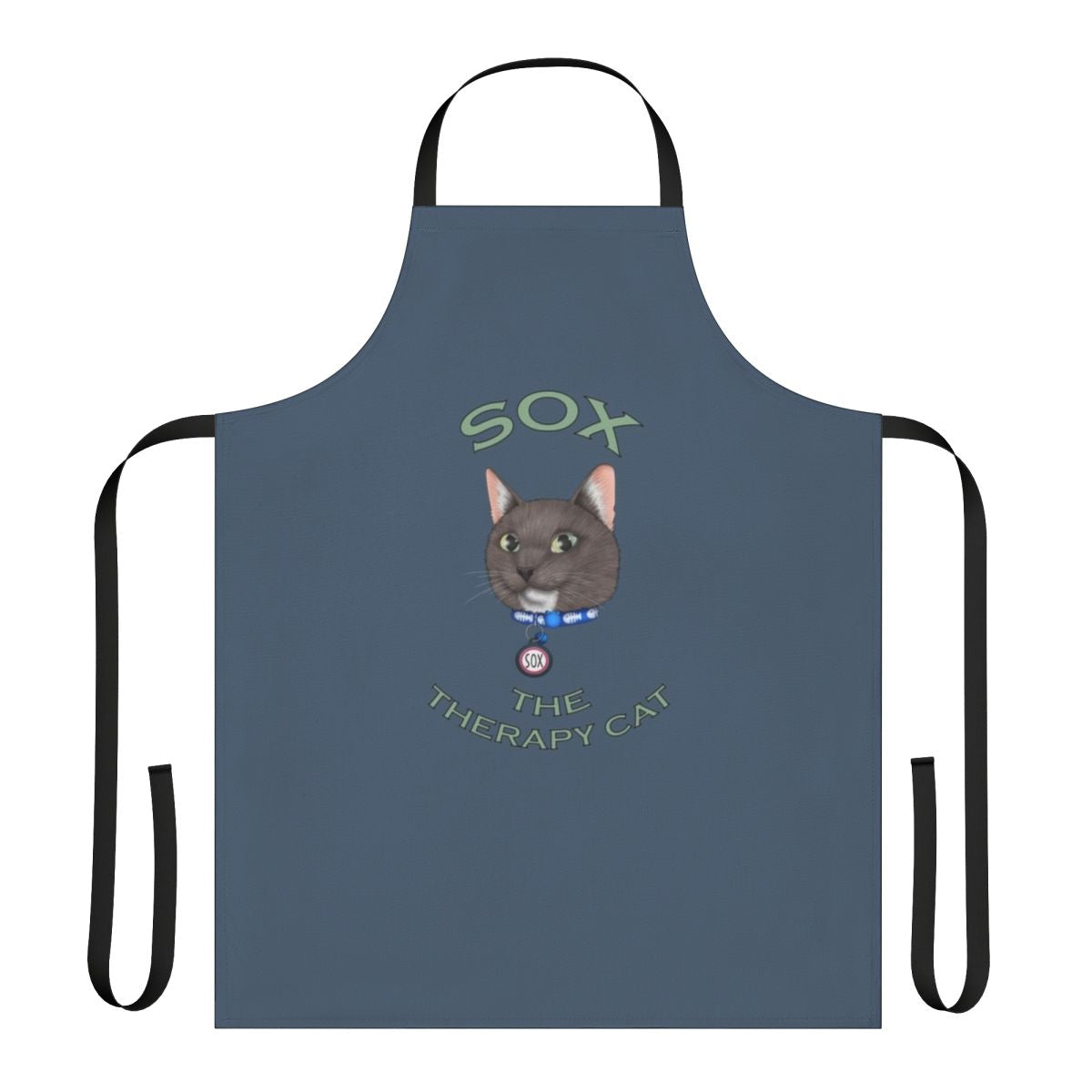 Illustration of a cute, cartoon-style cat wearing a therapy cat vest on a black apron