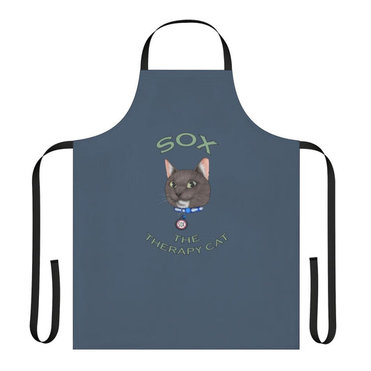 Illustration of a cute, cartoon-style cat wearing a therapy cat vest on a black apron