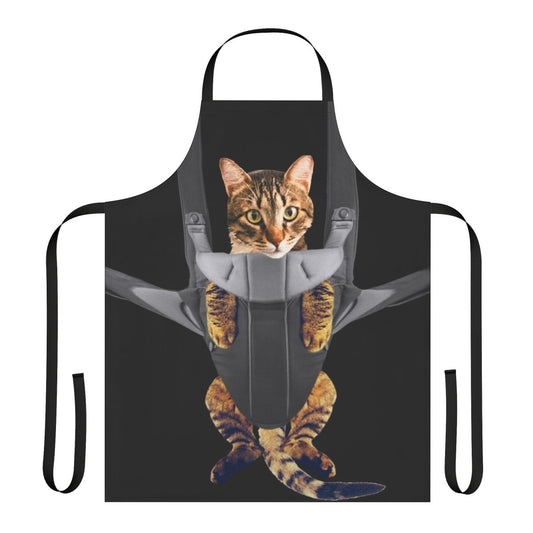 Tabby cat cozily nestled in a baby carrier-style apron, creating a humorous and heartwarming image.