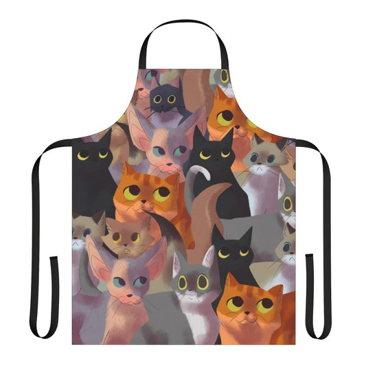 A vibrant apron featuring an all-over cat pattern, perfect for cat lovers.