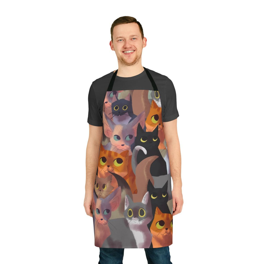 A vibrant apron featuring an all-over cat pattern, perfect for cat lovers.