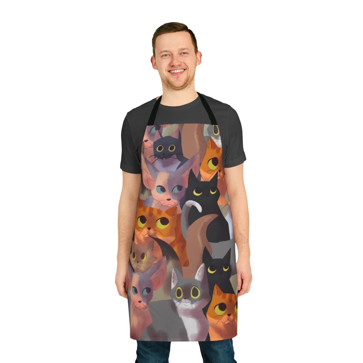 A vibrant apron featuring an all-over cat pattern, perfect for cat lovers.