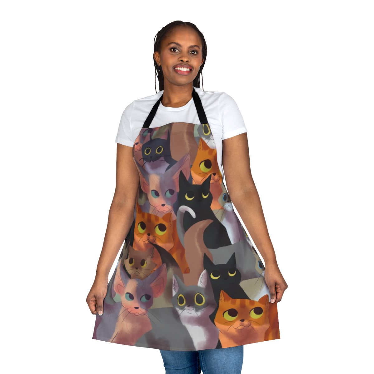 A vibrant apron featuring an all-over cat pattern, perfect for cat lovers.