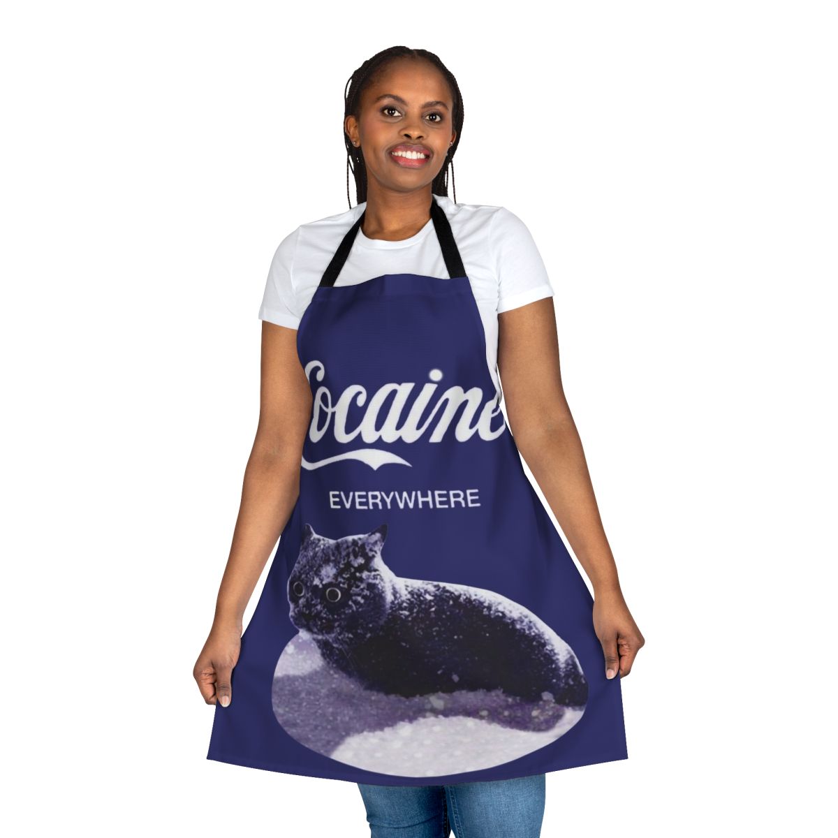 Colorful apron with a playful cat design, perfect for the kitchen.