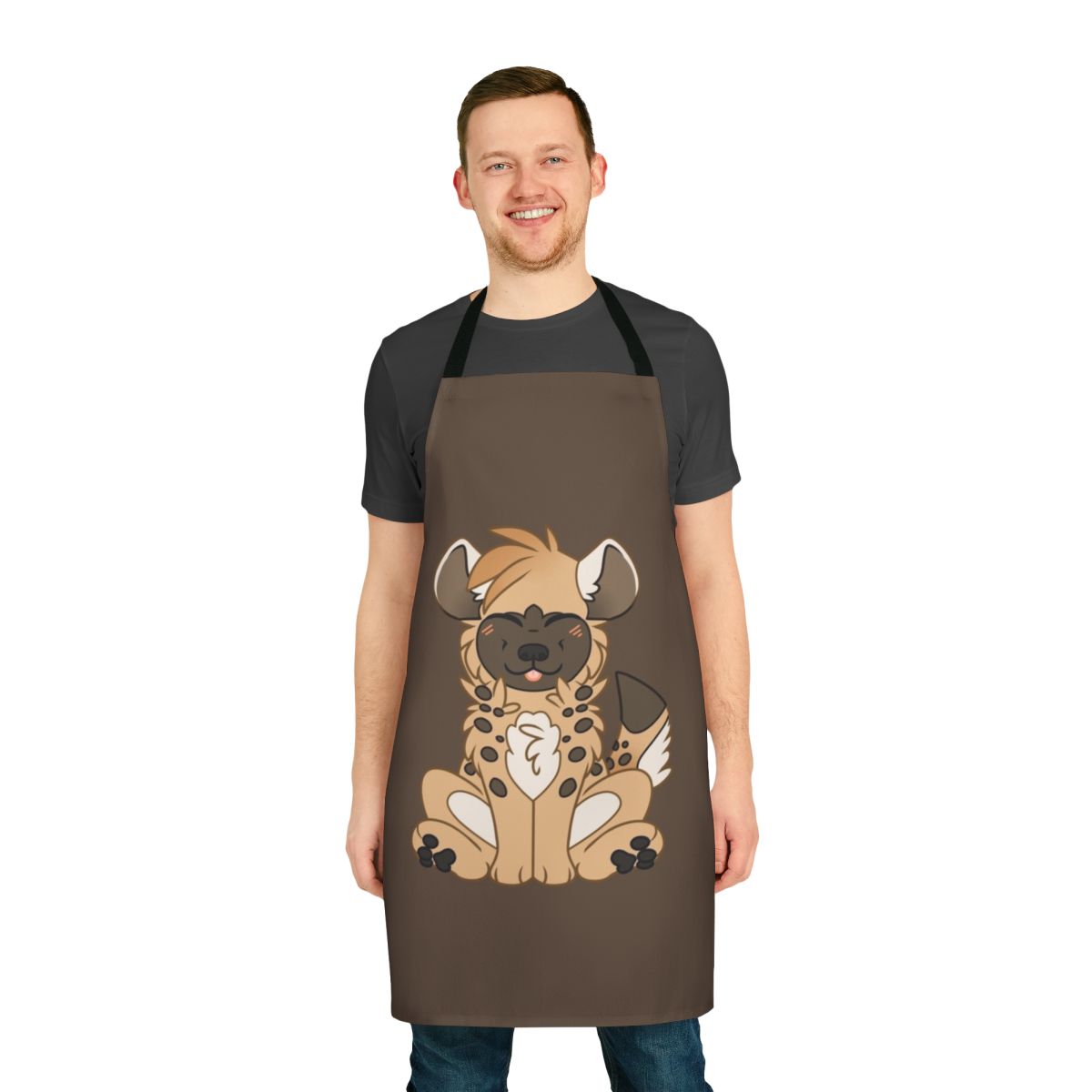 Illustration of a cute, smiling chibi hyena wearing an apron