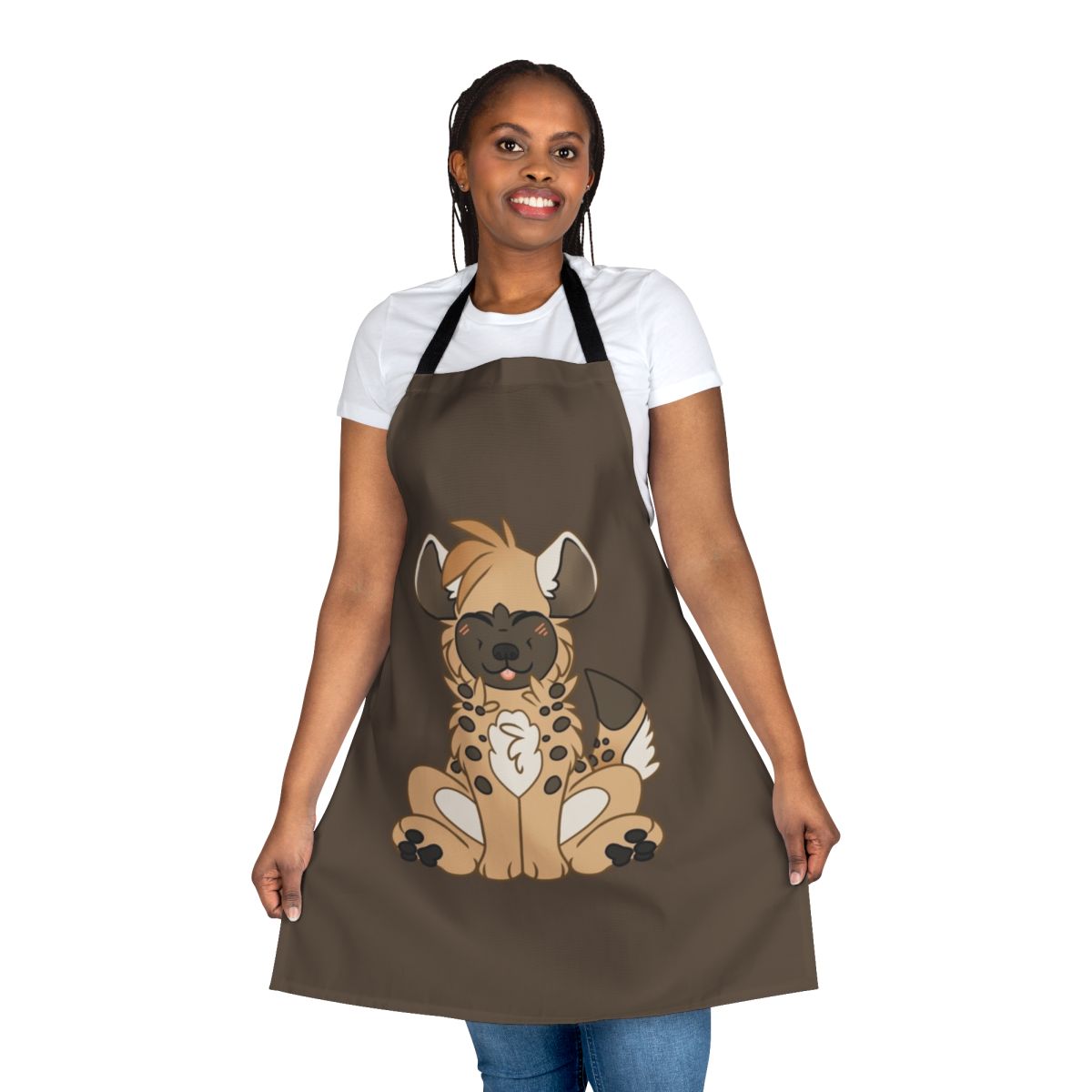 Illustration of a cute, smiling chibi hyena wearing an apron