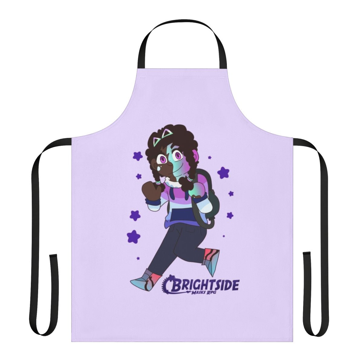 Colorful and whimsical chibi-style apron with Brightside RPG and TTRPG character designs