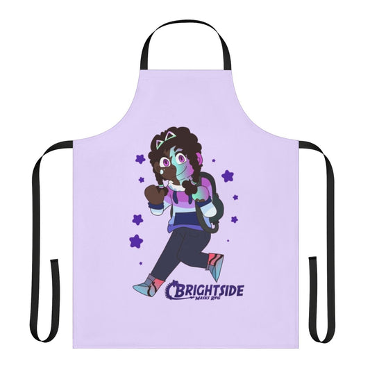 Colorful and whimsical chibi-style apron with Brightside RPG and TTRPG character designs
