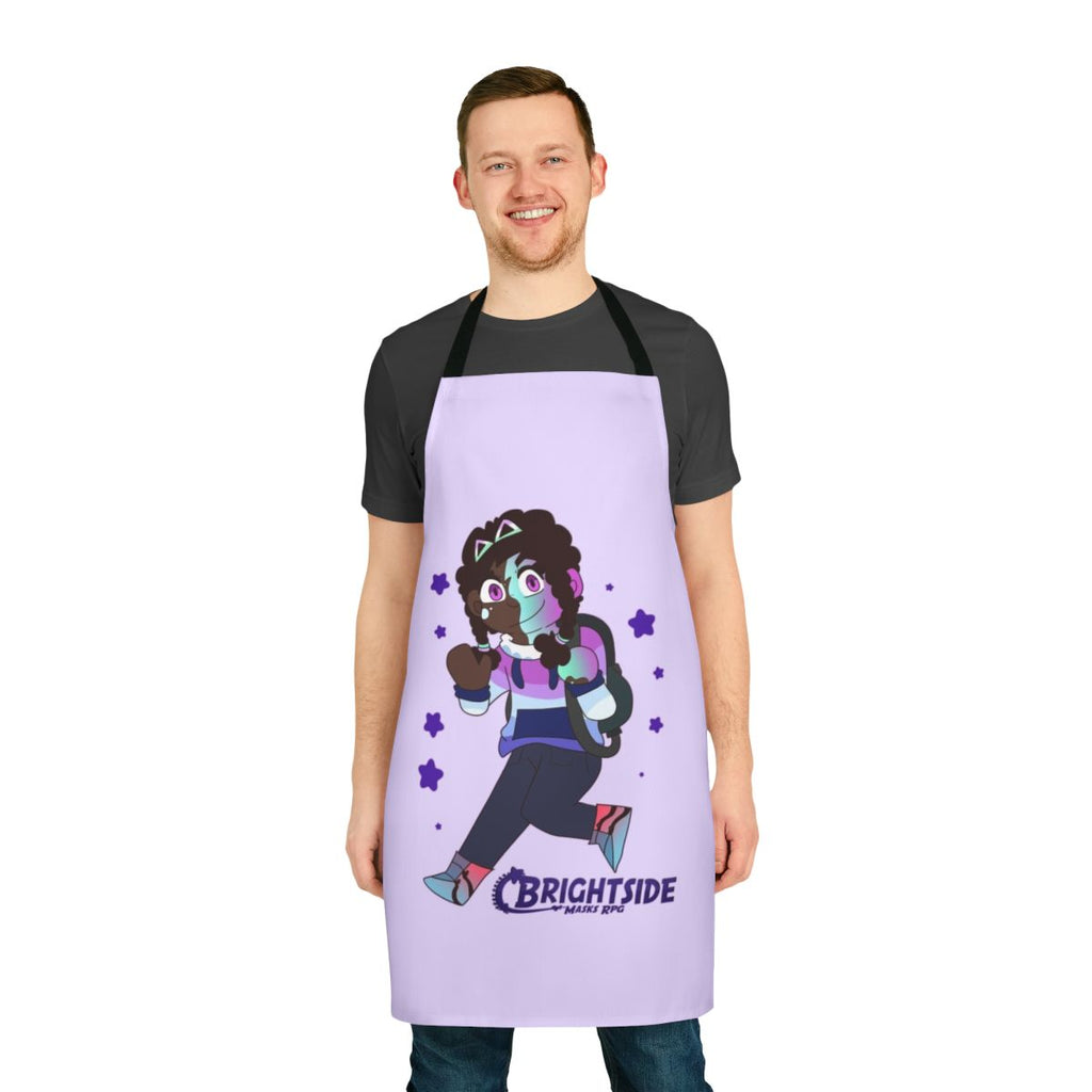 Colorful and whimsical chibi-style apron with Brightside RPG and TTRPG character designs