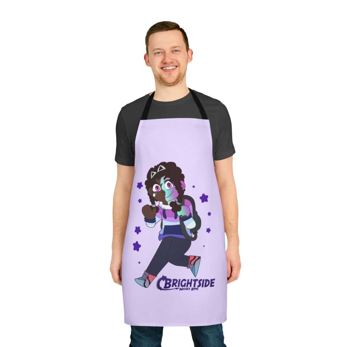 Colorful and whimsical chibi-style apron with Brightside RPG and TTRPG character designs