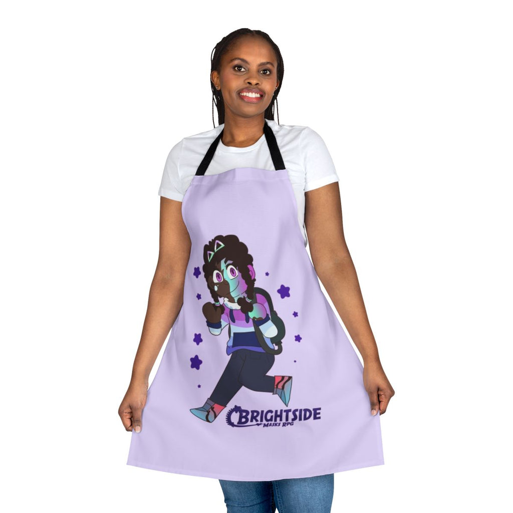 Colorful and whimsical chibi-style apron with Brightside RPG and TTRPG character designs