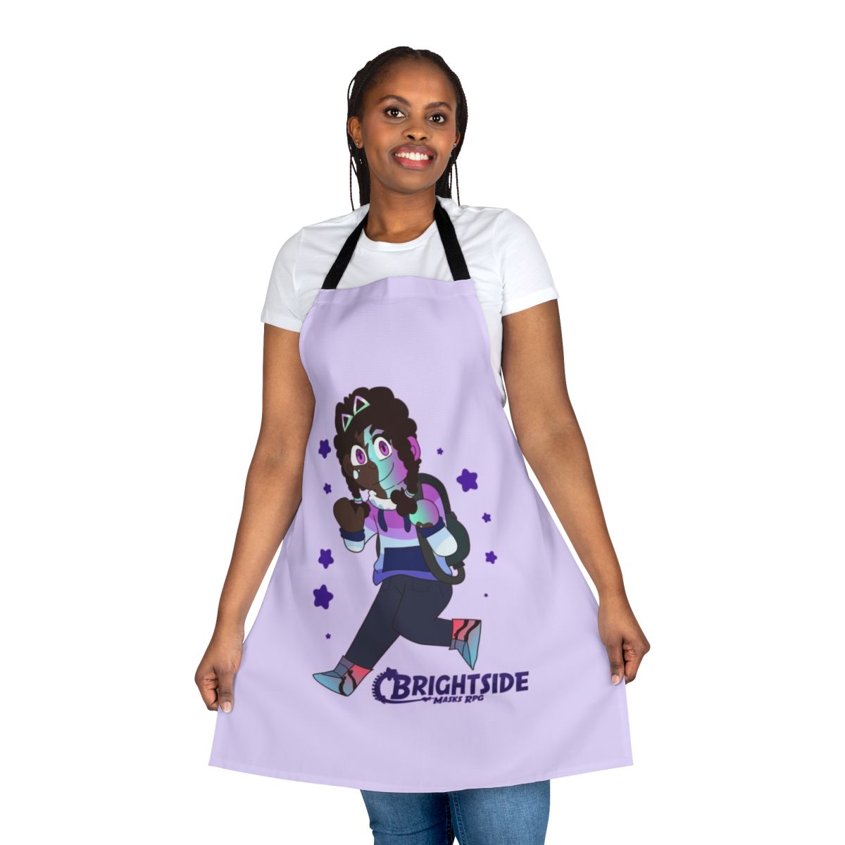 Colorful and whimsical chibi-style apron with Brightside RPG and TTRPG character designs