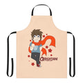 Whimsical chibi-inspired apron featuring cartoon superhero and villain characters