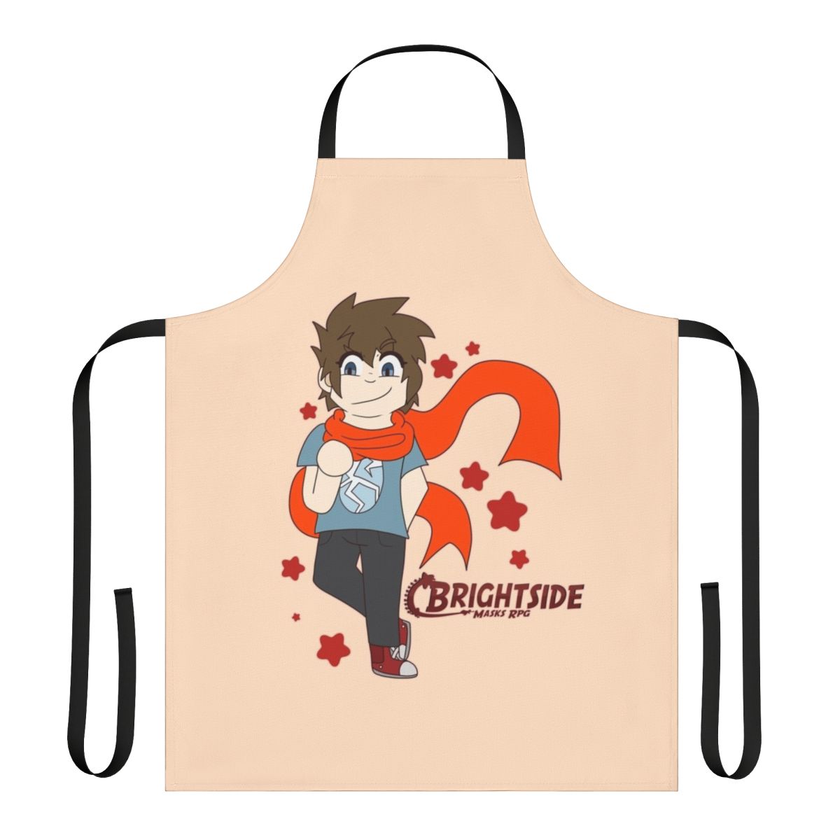 Whimsical chibi-inspired apron featuring cartoon superhero and villain characters