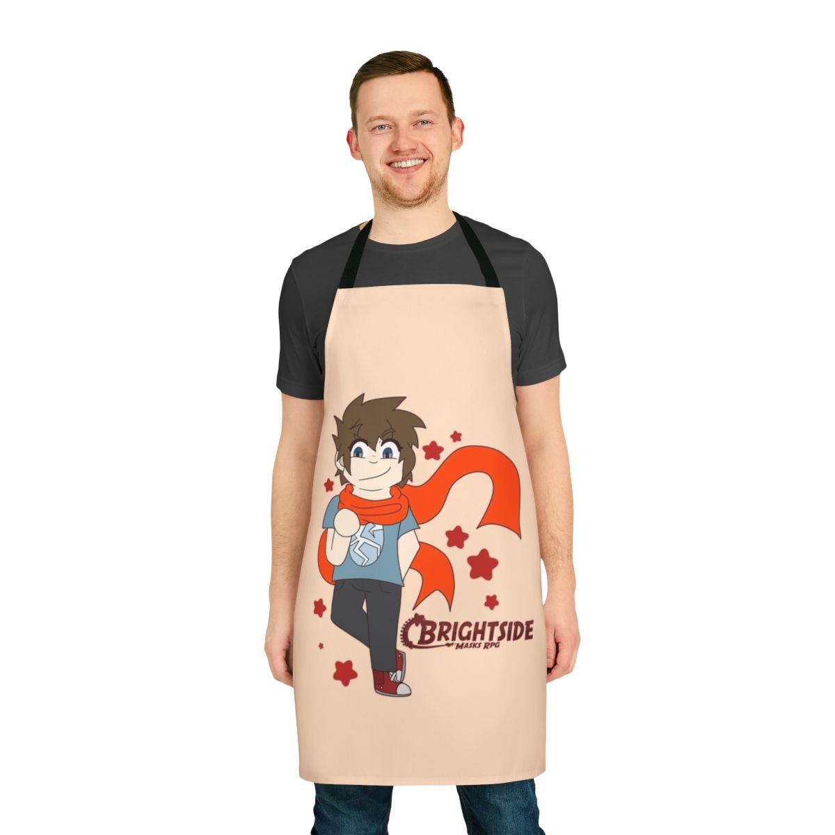 Whimsical chibi-inspired apron featuring cartoon superhero and villain characters