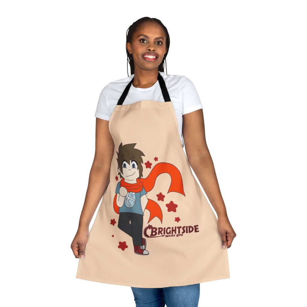 Whimsical chibi-inspired apron featuring cartoon superhero and villain characters