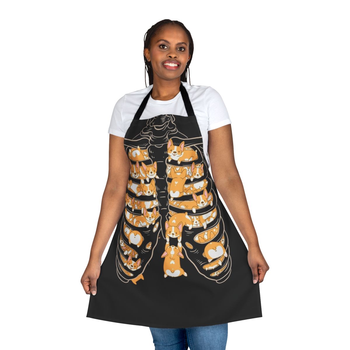 Corgi silhouette apron with "Ribcage of Corgis" design