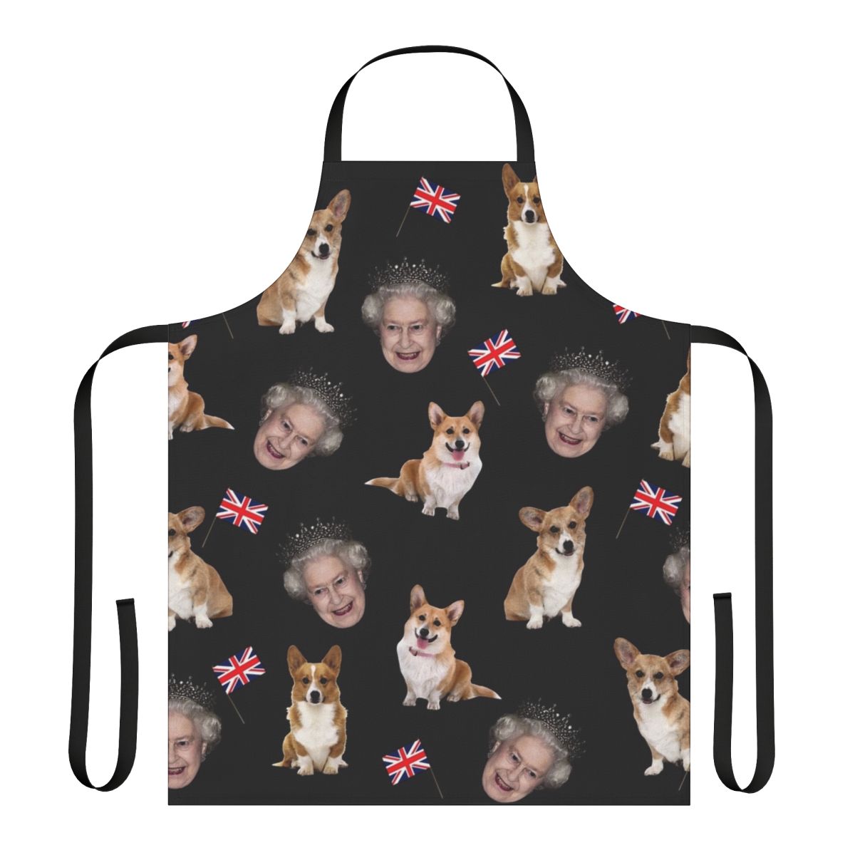 Apron with a cute pattern featuring Queen Elizabeth's beloved corgis