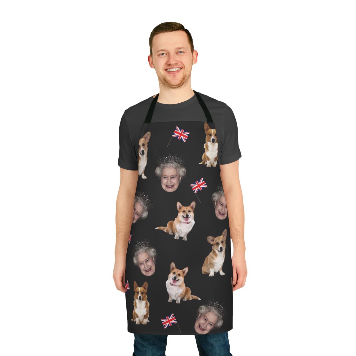 Apron with a cute pattern featuring Queen Elizabeth's beloved corgis