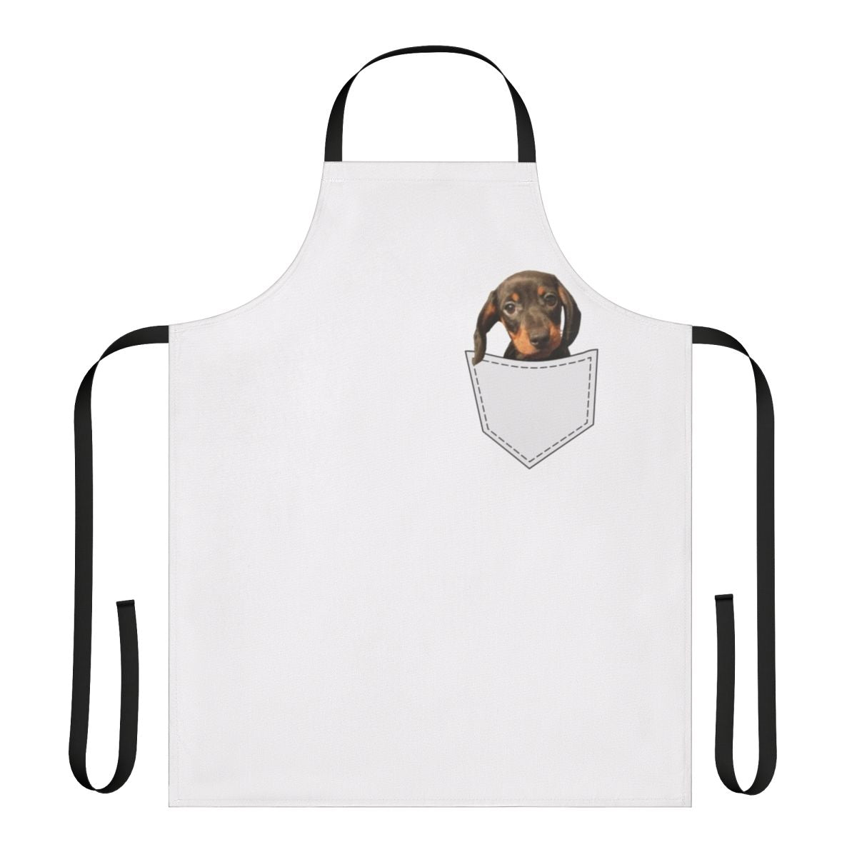 Dachshund wearing a cute pocket apron with dog design