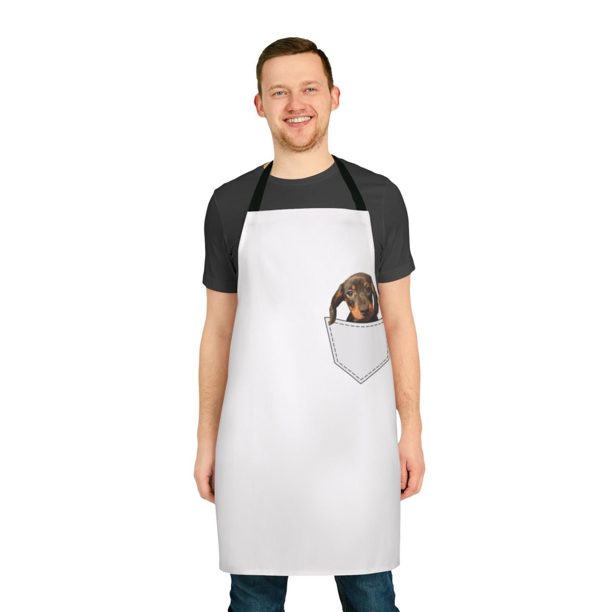 Dachshund wearing a cute pocket apron with dog design